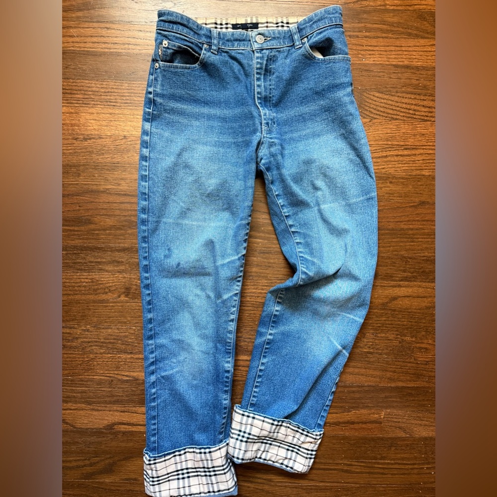 Burberry Blue Straight Leg Women's Jeans with Check Cuff